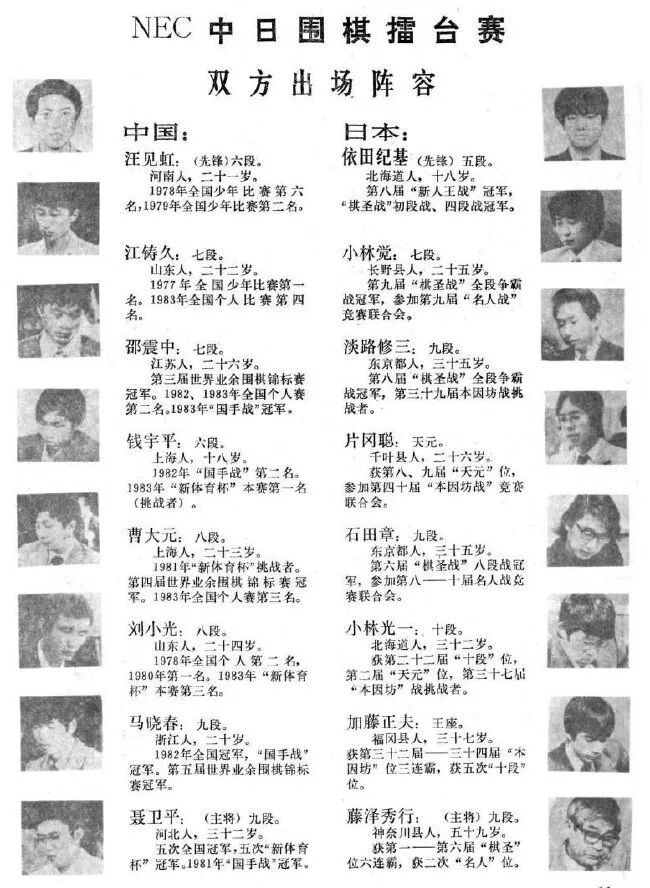 第一届擂台赛中日双方出场阵容